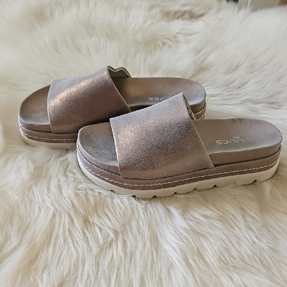 J Slides Shoes - J Slide Bronze Metallic Platform Slide Mules